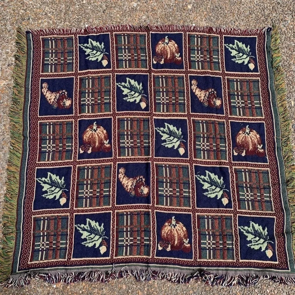 Vintage Fall Theme Woven Throw Blanket Tapestry Autumn Thanksgiving